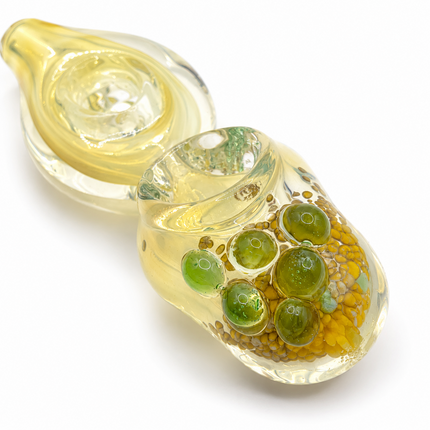 Golden Loop Glass Hand Pipe with Green Bubble Accents – 4 Inch