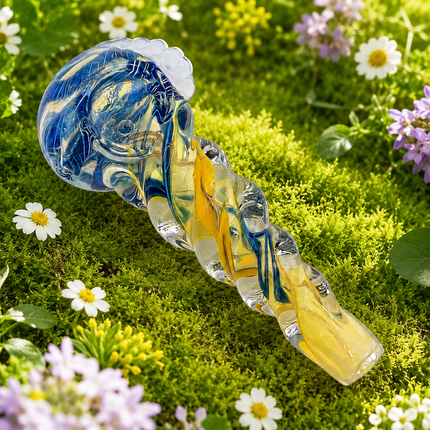 Blue Gold Twist Glass Spoon Pipe – 4 Inch Clear Hand Pipe Yellow Blue Swirl