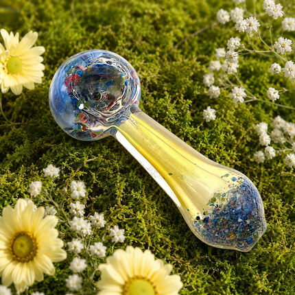 Blue Confetti Bowl Glass Spoon Pipe with Yellow Handle – 4 Inch Hand Pipe