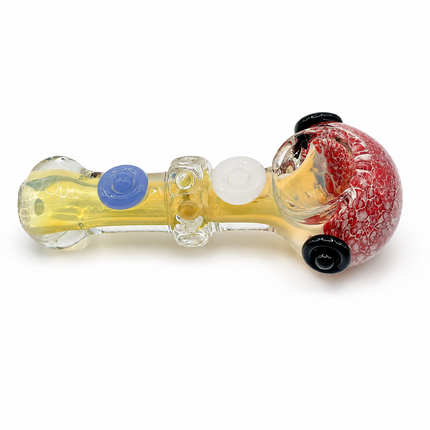Red Blossom Fumed Glass Spoon Pipe Blue White Dot Accents 5 Inch