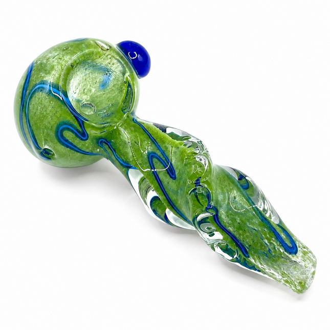 Moss Green Twist Glass Spoon Pipe with Blue Swirl & Marble Accent - 4.5 inch