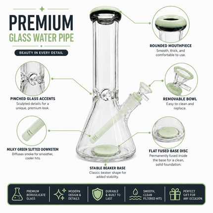 Milky Green Thick Glass Beaker Water Pipe Ice Catcher 14mm Bowl 10 inch
