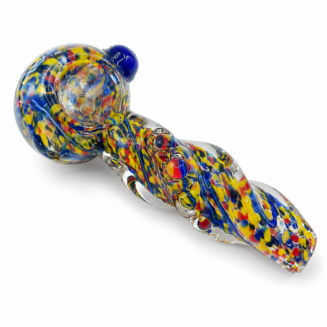 Multicolor Confetti Twist Glass Spoon Pipe with Blue Marble - 4-4.5 inch