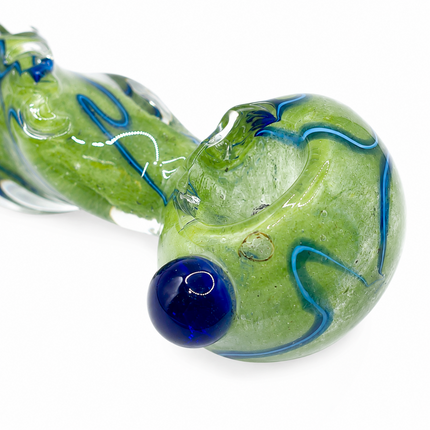 Moss Green Twist Glass Spoon Pipe with Blue Swirl & Marble Accent - 4.5 inch