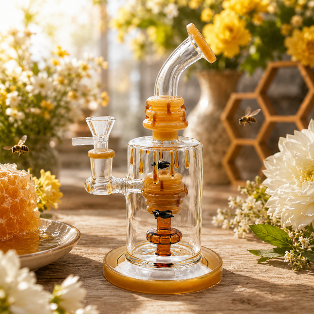 Honey Beehive Percolator 14mm Glass Bong Bent Neck Bee Design - 10 inch