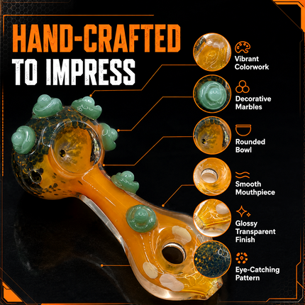 Amber Fumed Glass Spoon Pipe with Sage Green Flower Marbles - 5 Inch