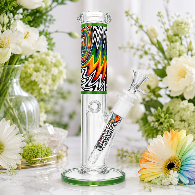 Cosmic Flow Green Psychedelic Straight Tube Glass Bong 14mm Bowl 10 Inch