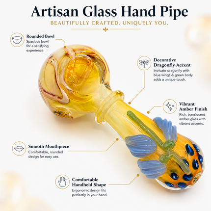 Amber Pumpkin Glass Spoon Pipe with Blue Leaf Accents - 4 inch