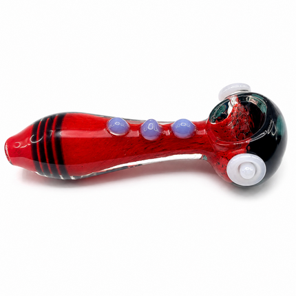 Red Frit Glass Spoon Pipe with White Marbles and Lavender Dots - 5 Inch