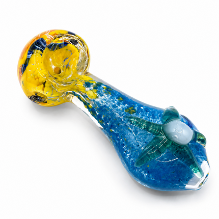Blue Yellow Glass Spoon Pipe with Green Starfish Accent - 4 inch