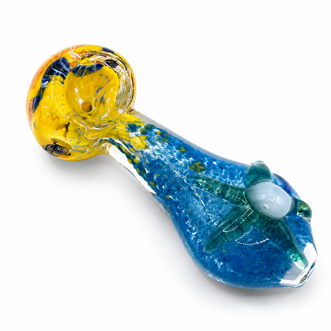 Blue Yellow Glass Spoon Pipe with Green Starfish Accent - 4 inch