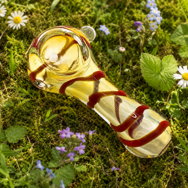 Golden Red Ribbon Pocket Mini Glass Spoon Pipe – 3-3.5 Inch Amber Hand Pipe