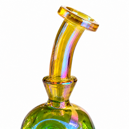 Green Gold Iridescent Orb Glass Water Pipe 14mm Bowl Curved Neck 7.5 inch