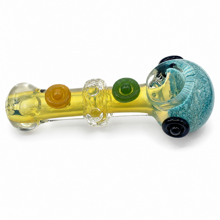 Aqua Frit Fumed Glass Spoon Pipe with Green Amber Dot Accents - 5 Inch
