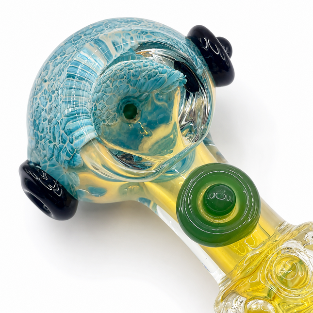 Aqua Frit Fumed Glass Spoon Pipe with Green Amber Dot Accents - 5 Inch