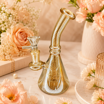 Gold Chrome Tri Beaker Glass Water Pipe with Perc with 14mm Bowl