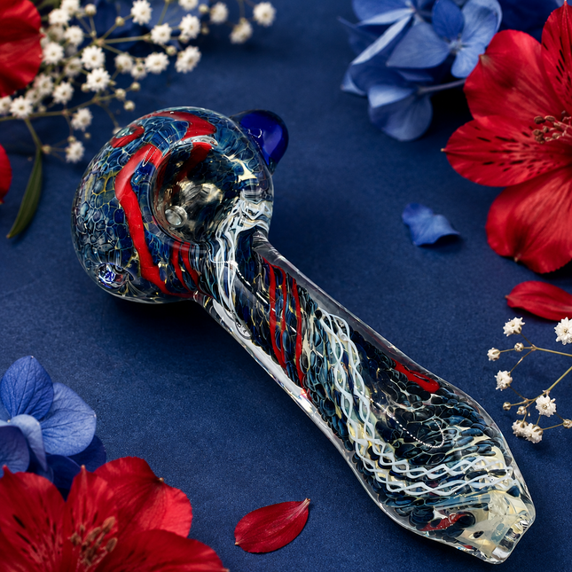 Navy Blue Red White Liner Twist Body Glass Spoon Pipe Hand Pipe - 4.5 inch