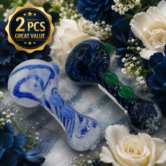 [2PC Bundle] 4 Inch Midnight Serpent Vine Glass Hand Pipe Raised Leaf Swirl