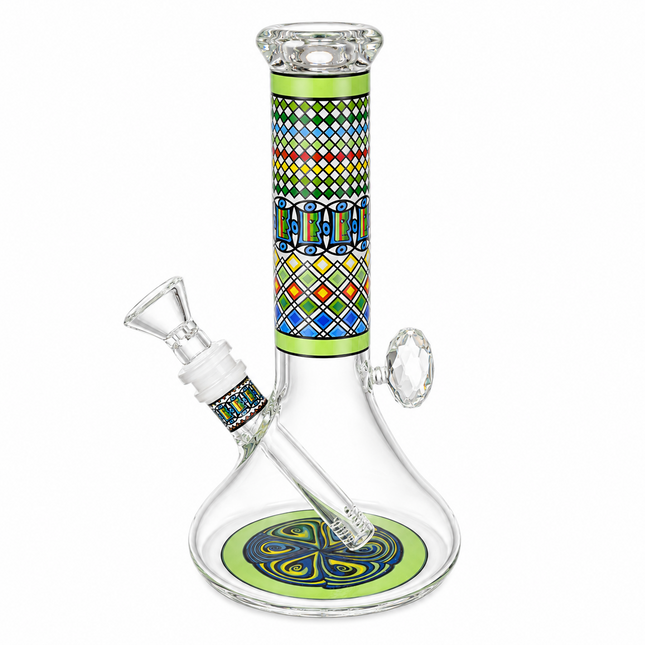 Jungle Temple Aztec Mandala Glass Bong Green Clear 10 Inch