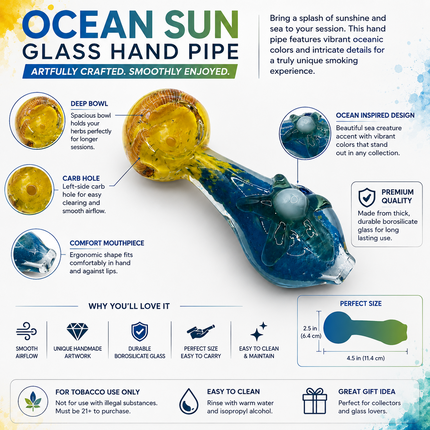 Ocean Sun Starfish Handcraft Glass Pipe Blue Yellow Art 4-4.5 inch