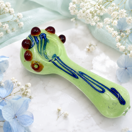 Milky Green Palm Glass Spoon Pipe with Blue Swirl & Amber Marble Accents - 4.5"