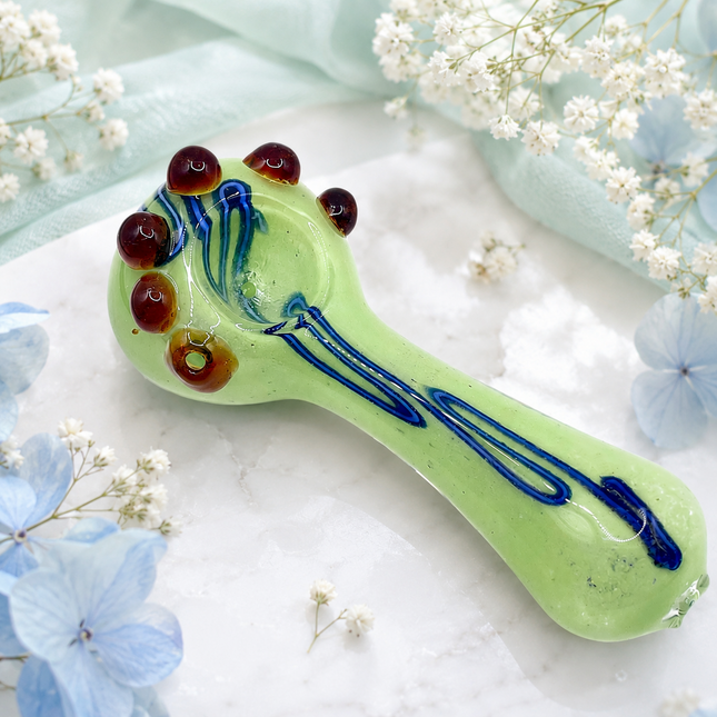 Milky Green Palm Glass Spoon Pipe with Blue Swirl & Amber Marble Accents - 4.5"