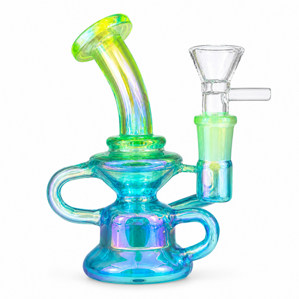 Mini Blue Green Chrome Recycler Glass Bong with Bowl & Loop Handle - 5 inch