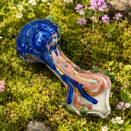 Blue Garden Swirl Glass Spoon Pipe with Green Marbles – 4 Inch Hand Pipe