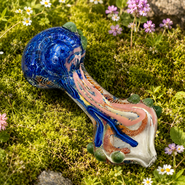 Blue Garden Swirl Glass Spoon Pipe with Green Marbles – 4 Inch Hand Pipe
