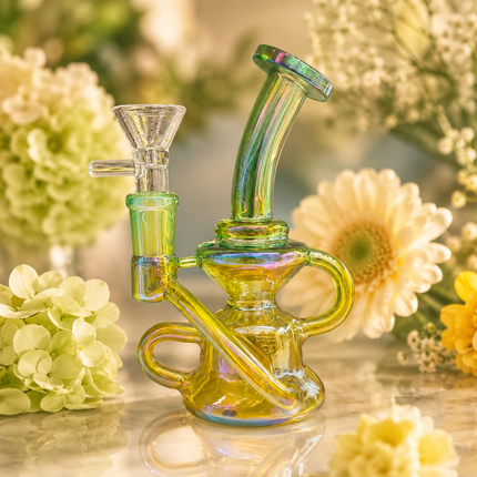 Mini Green Gold Chrome Recycler Glass Bong with Bowl & Loop Handle - 5 inch