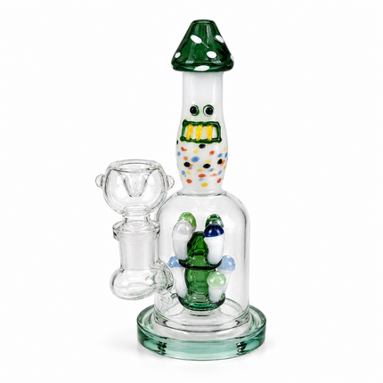 Green Glass Bong with Whimsical Mushroom Percolator & Bowl - 7.5 inch