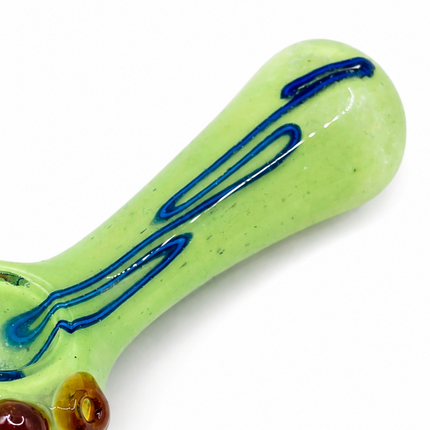 Milky Green Palm Glass Spoon Pipe with Blue Swirl & Amber Marble Accents - 4.5"