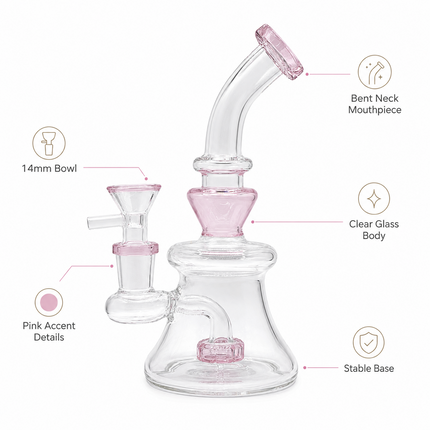 Blush Pink Bell Base Glass Bong with Curved Neck – 8 Inch Clear Water Pipe