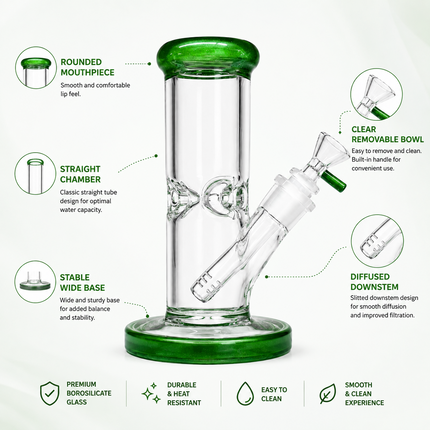 Dark Green Accent Straight Tube Glass Water Pipe Ice Catcher Downstem 10 inch