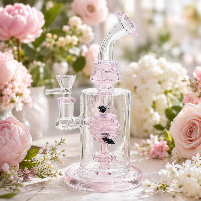 Pink Beehive Percolator 14mm Glass Bong Bent Neck Bee Design - 10 inch