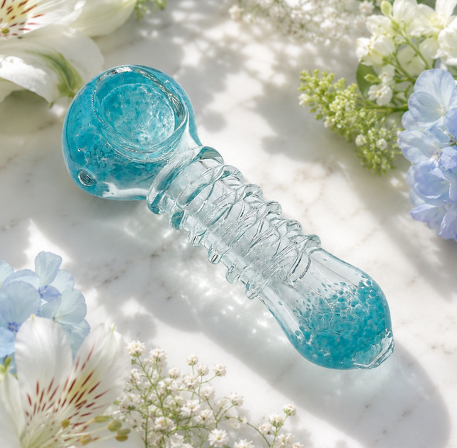 Aqua Frost Handcraft Glass Spoon Pipe Clear Ribbed Light Blue 4.5 inch