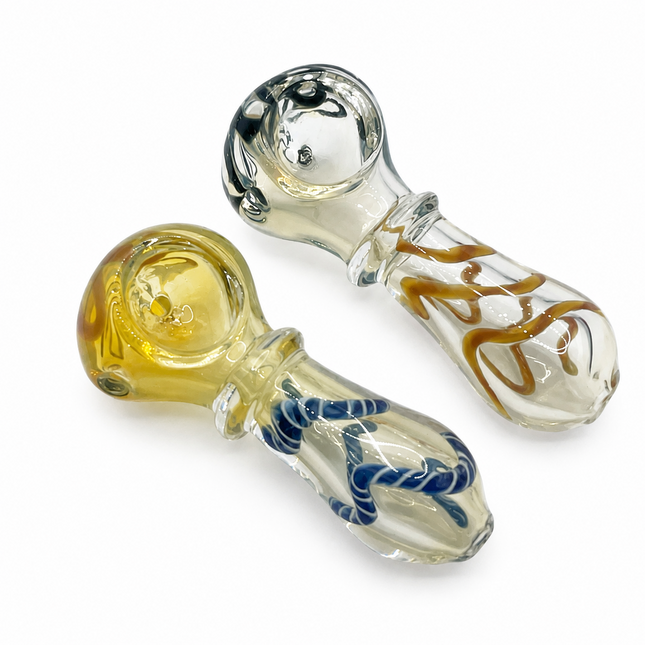 [2PC Bundle] Ribbon Coil Swirl Body Glass Hand Pipe Set Clear Amber Blue