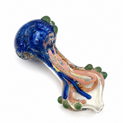 Blue Garden Swirl Glass Spoon Pipe with Green Marbles – 4 Inch Hand Pipe