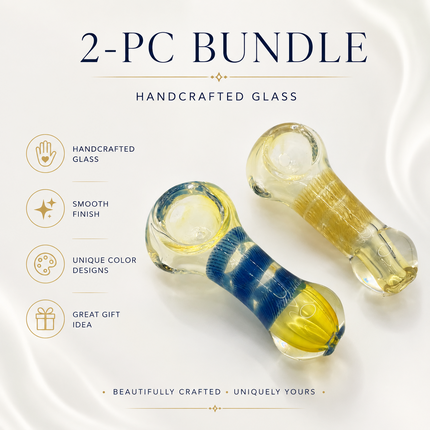 [2PC Bundle] Blue Frost Drift Handcraft Glass Pipes Blue Clear Yellow 3 inch