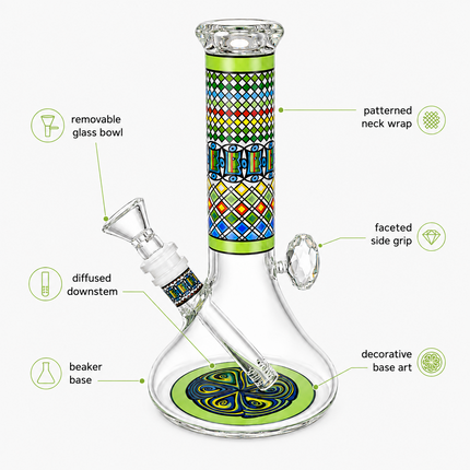 Jungle Temple Aztec Mandala Glass Bong Green Clear 10 Inch