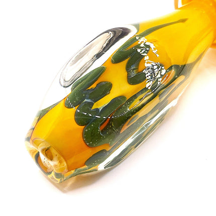 Honey Green Riddler Glass Spoon Pipe with Carved Grip – 4 Inch Deep Bowl