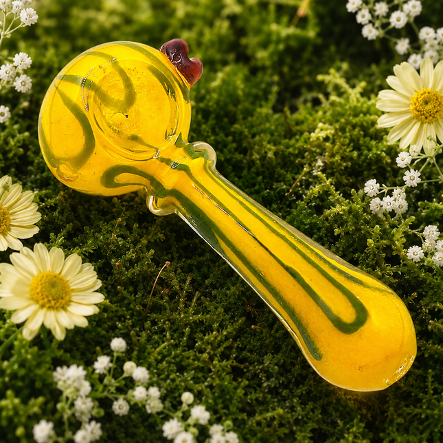 Yellow Riddler Glass Spoon Pipe with Green Stripe – 4 Inch Hand Pipe Rounded Bow
