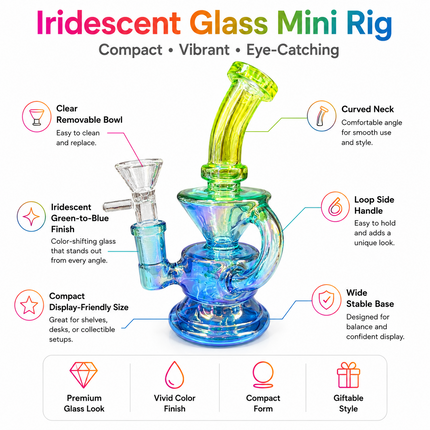 Mini Blue Green Chrome Recycler Glass Bong with Bowl & Loop Handle - 6 inch
