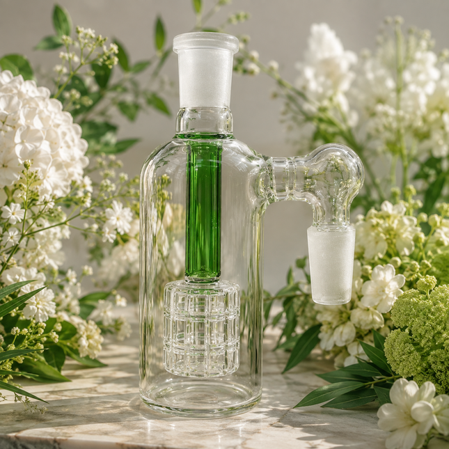 Green 14mm Glass Ash Catcher Cage Percolator Clear 4.75 inch