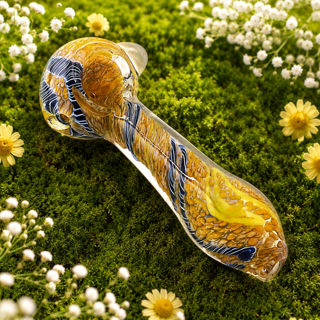 Camel Zebra Stripe Glass Spoon Pipe with Yellow Swirl – 4 Inch Hand Pipe Deep Bo