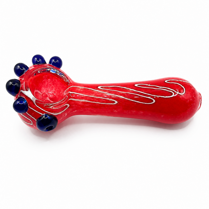 Crimson Red Palm Glass Spoon Pipe White Swirl Blue Marbles - 4.5 inch