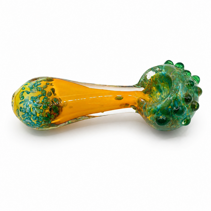 Amber Teal Crackle Glass Spoon Pipe with Green Marble Accents - 4.5 Inch