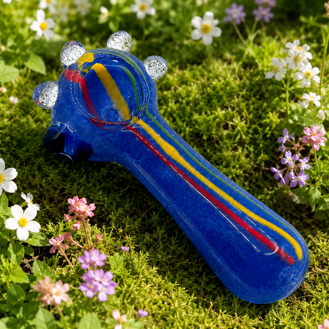 Royal Blue Triple Stripe Bubble Accent Glass Spoon Pipe – 4.5 Inch Multicolor Ha