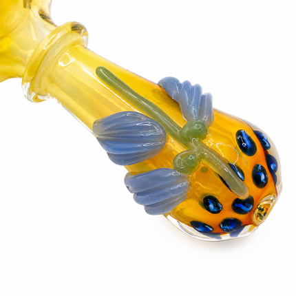 Amber Pumpkin Glass Spoon Pipe with Blue Leaf Accents - 4 inch