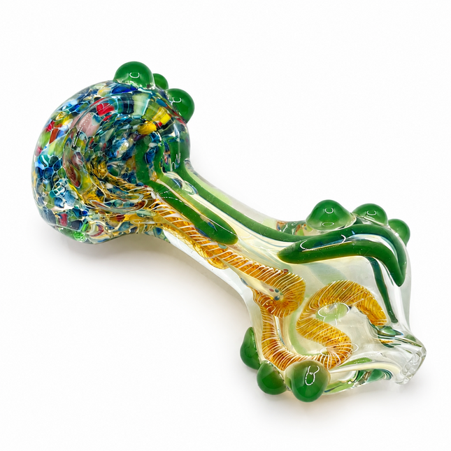 Green Gold Twist Glass Spoon Pipe Multicolor Bowl Marble Accents - 4 inch
